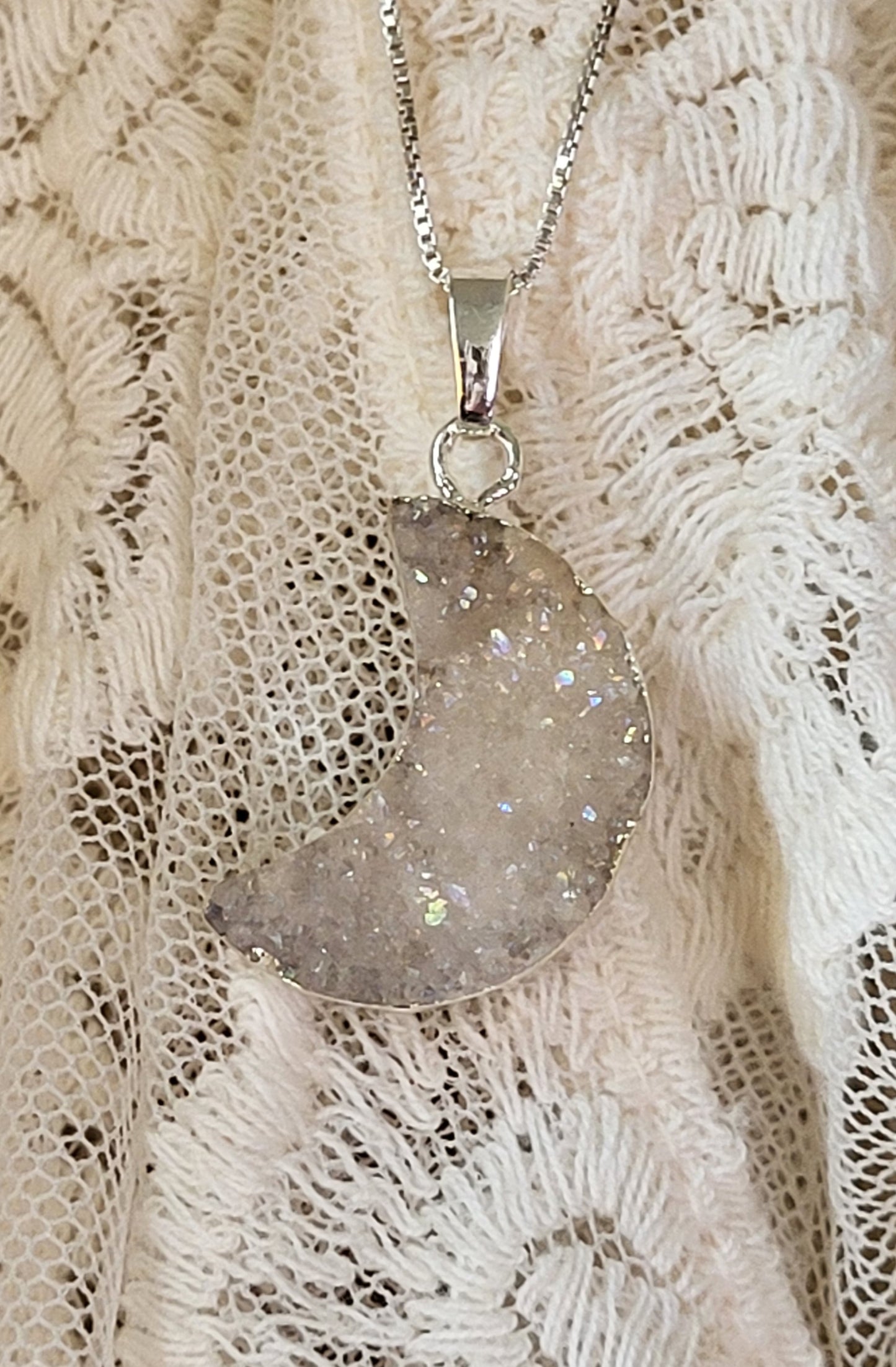 Aura Quartz Druzy Moon Necklace - transformation,  protection, inner peace